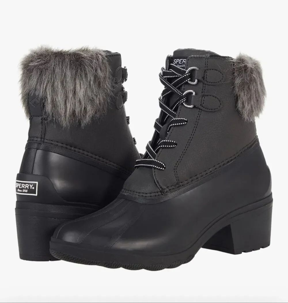 Sperry Black Faux Fur Lace-Up Syren Heel Boots Lug Sole Winter Women’s 9